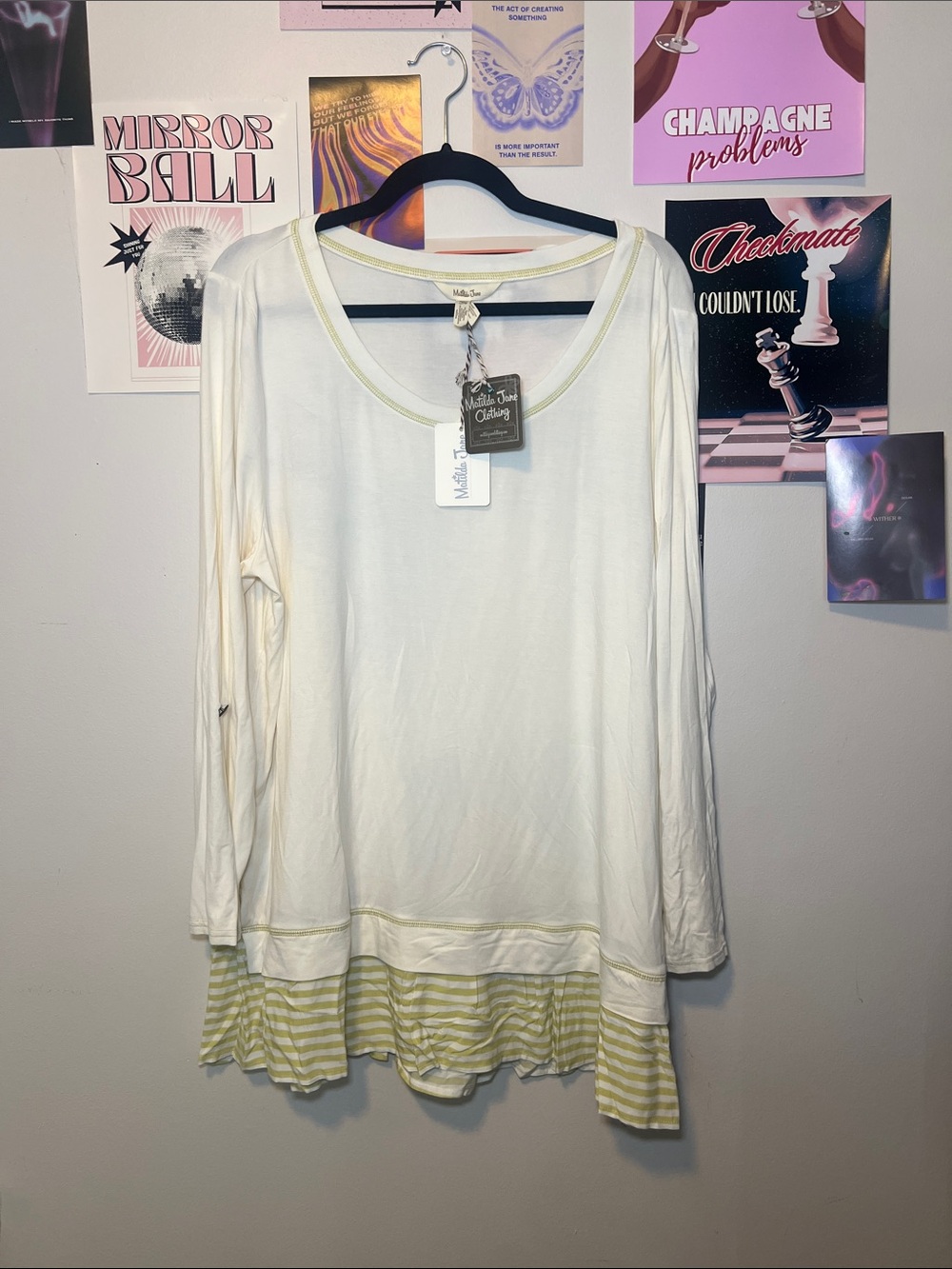 Matilda Jane Cream Ventriloquist Top with Green Striped Ruffle Hem